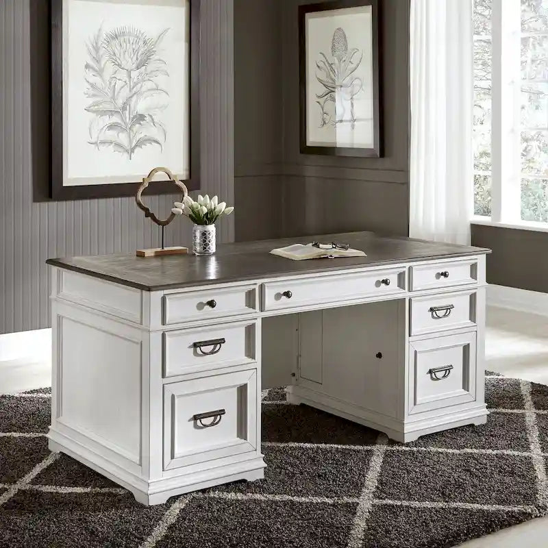 Wirebrushed White Charcoal Home Office Desk with Locking File Drawers