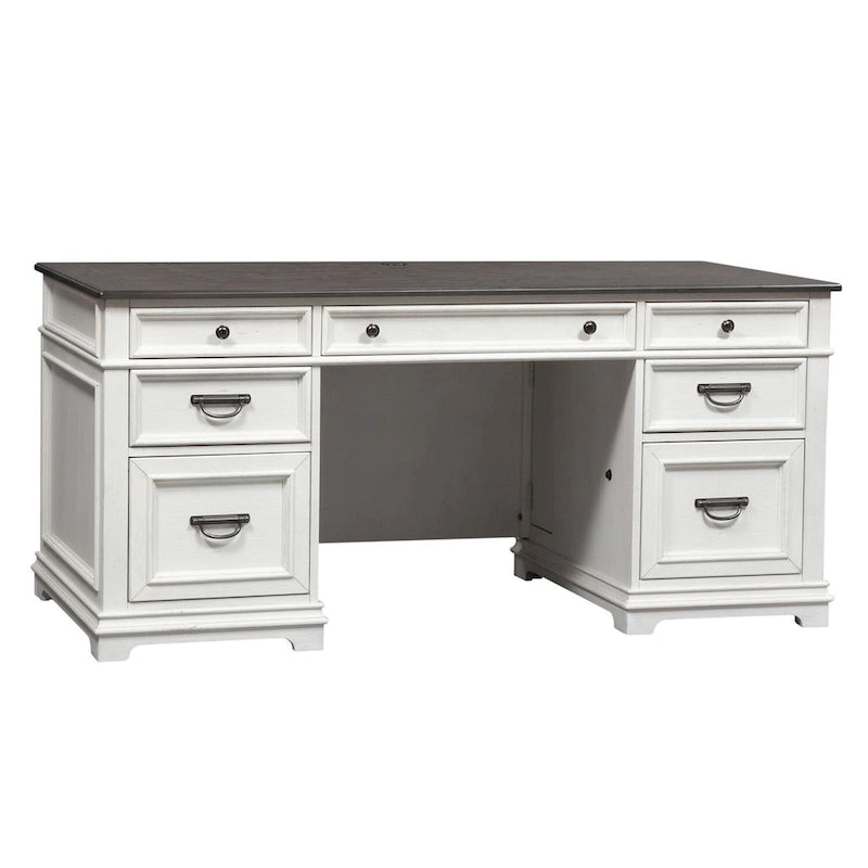 Wirebrushed White Charcoal Home Office Desk with Locking File Drawers