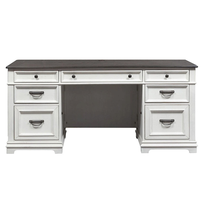 Wirebrushed White Charcoal Home Office Desk with Locking File Drawers