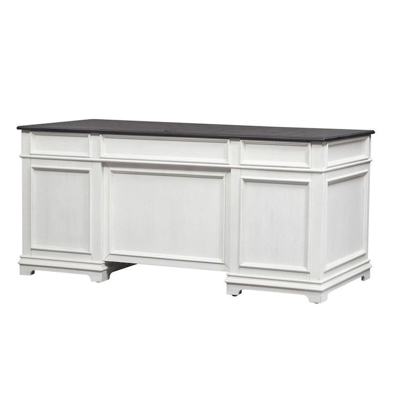 Wirebrushed White Charcoal Home Office Desk with Locking File Drawers