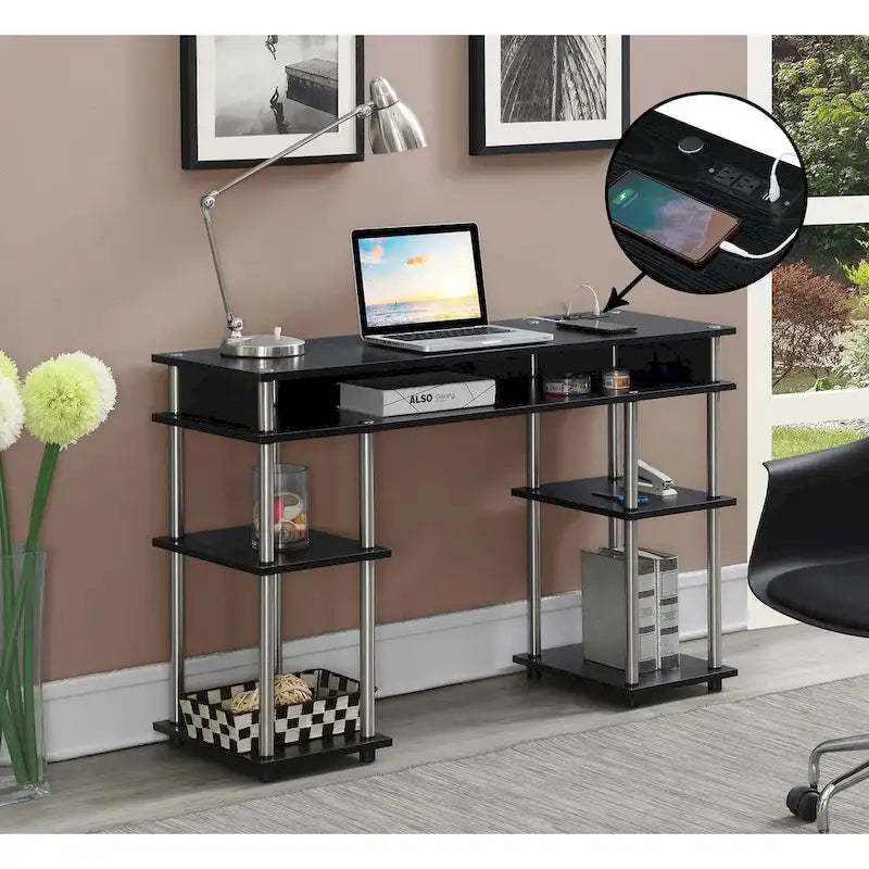No-Tools Student Desk with Charging Station and Shelves