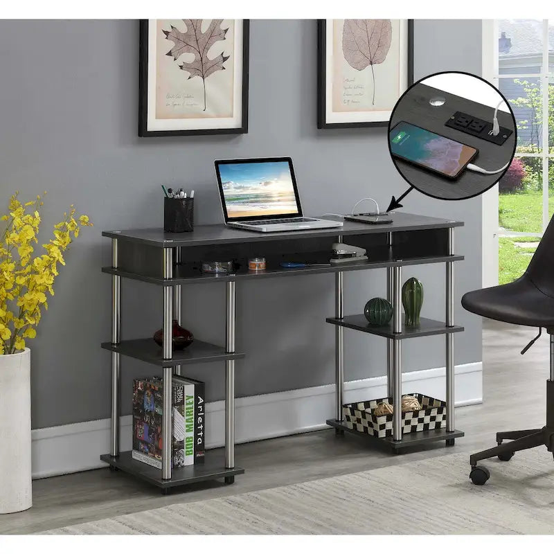 No-Tools Student Desk with Charging Station and Shelves