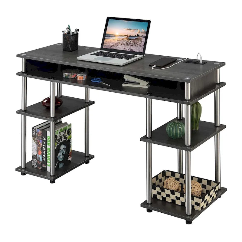 No-Tools Student Desk with Charging Station and Shelves