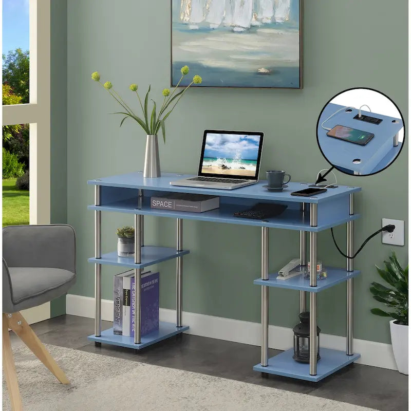 No-Tools Student Desk with Charging Station and Shelves