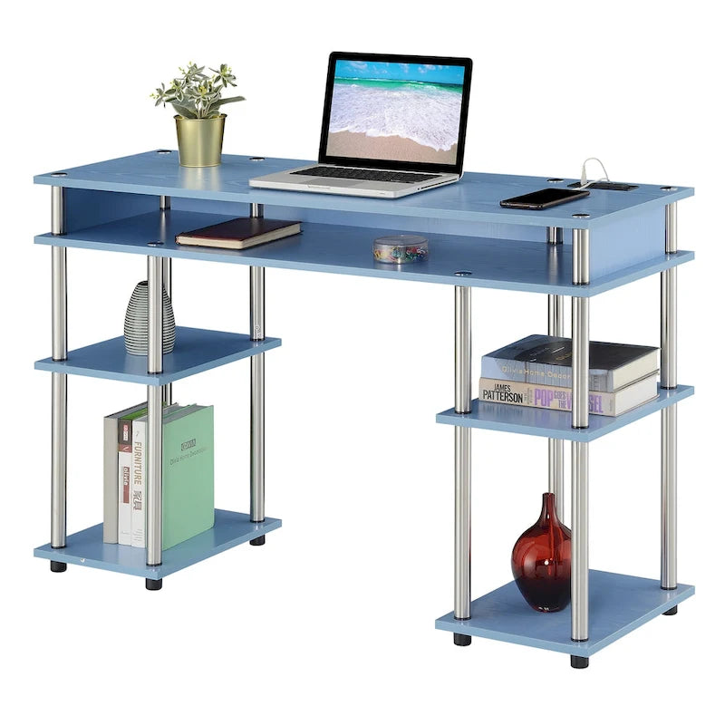 No-Tools Student Desk with Charging Station and Shelves