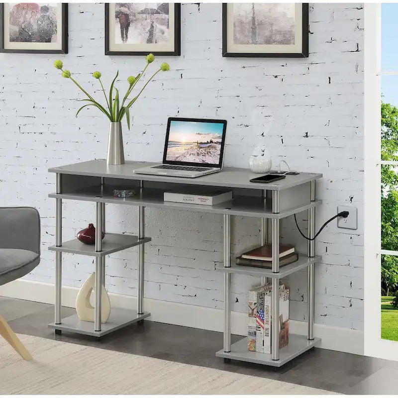 No-Tools Student Desk with Charging Station and Shelves