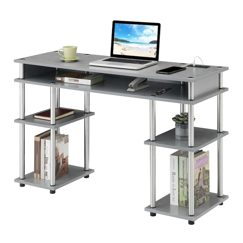 No-Tools Student Desk with Charging Station and Shelves