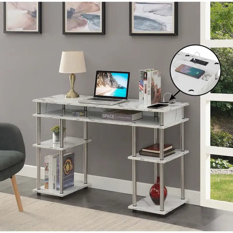 No-Tools Student Desk with Charging Station and Shelves