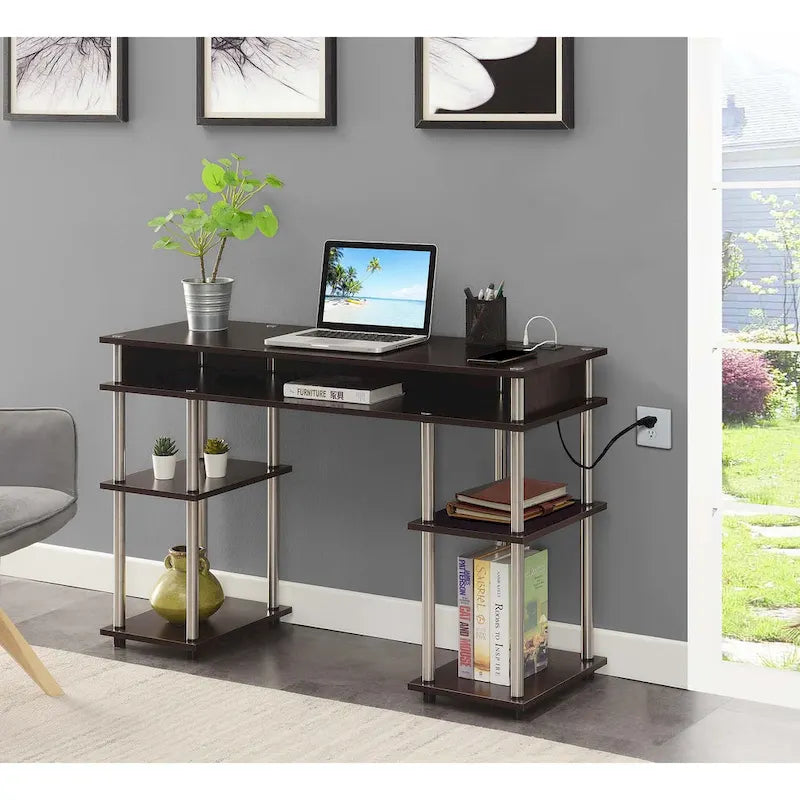 No-Tools Student Desk with Charging Station and Shelves