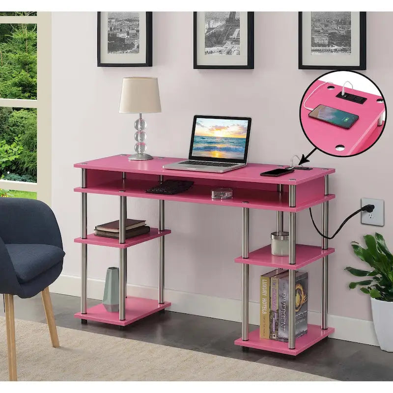 No-Tools Student Desk with Charging Station and Shelves
