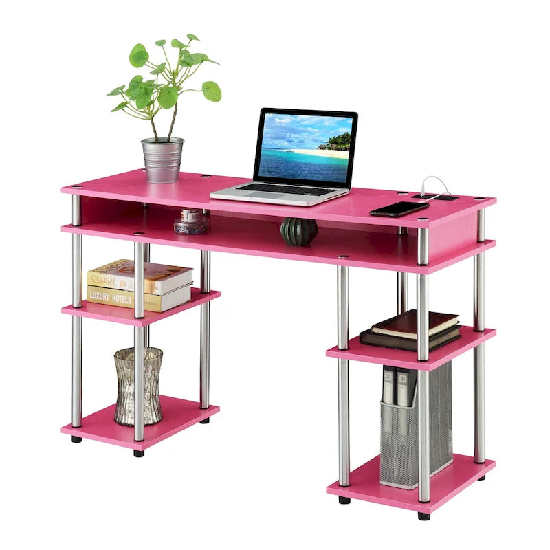 No-Tools Student Desk with Charging Station and Shelves