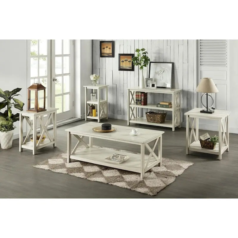 Antique White Wood Side Table with X-Style Base