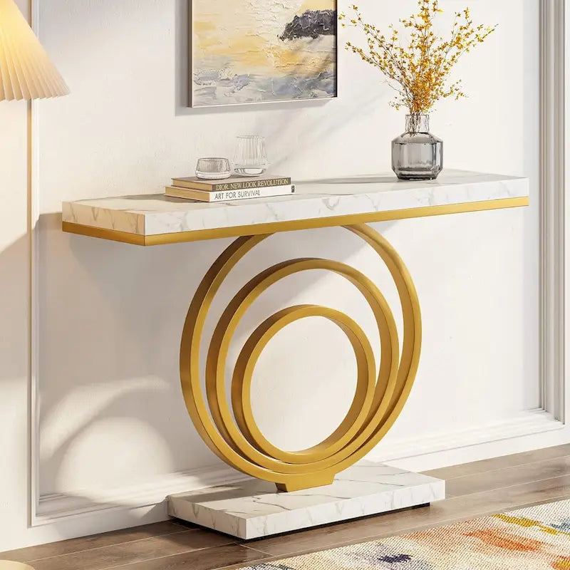 41-Inch Gold Entryway Table, Modern Console Table Accent Table for Living Room, Hallway, Entrance, Faux Marble Veener Top