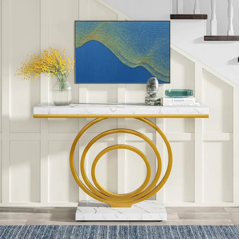 41-Inch Gold Entryway Table, Modern Console Table Accent Table for Living Room, Hallway, Entrance, Faux Marble Veener Top