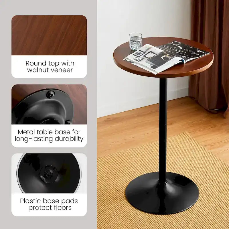 Modern Bistro Walnut Top Round Pub Bar Table - 39.5H