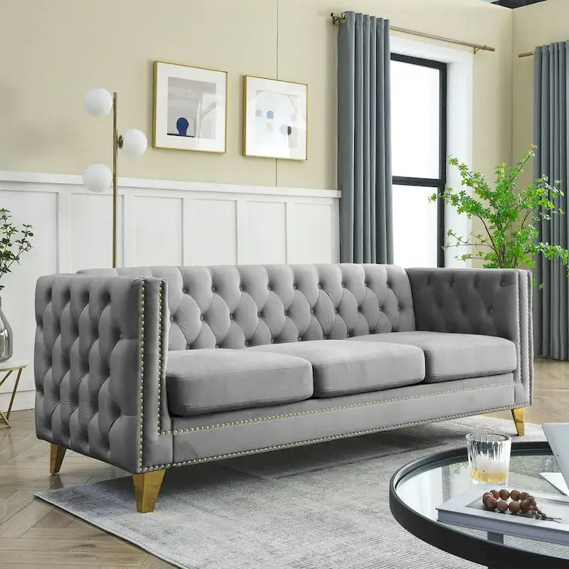 Velvet Upholstered 3 Seat Sofa, Classic Chesterfield Couch Buttons Tufted Square Arm Sofa with Nailheads and Metal Legs