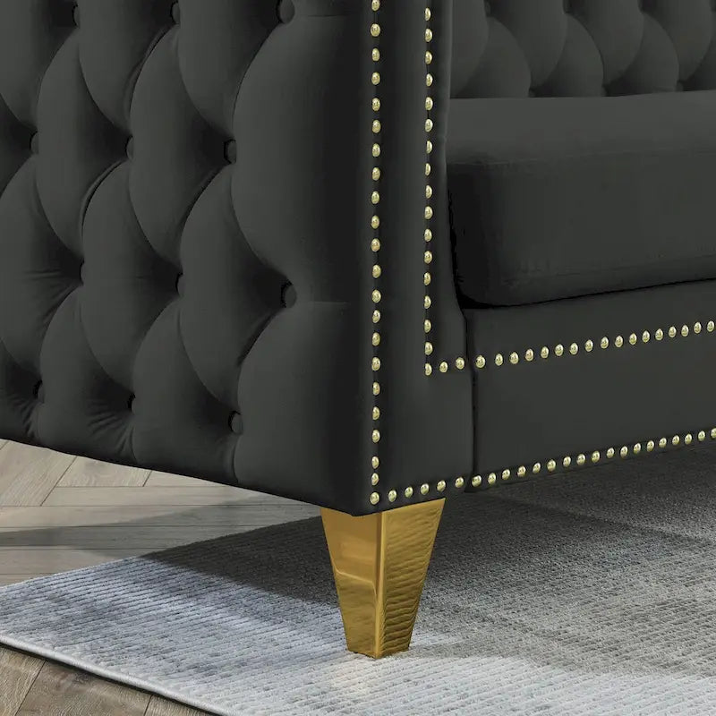 Velvet Upholstered 3 Seat Sofa, Classic Chesterfield Couch Buttons Tufted Square Arm Sofa with Nailheads and Metal Legs