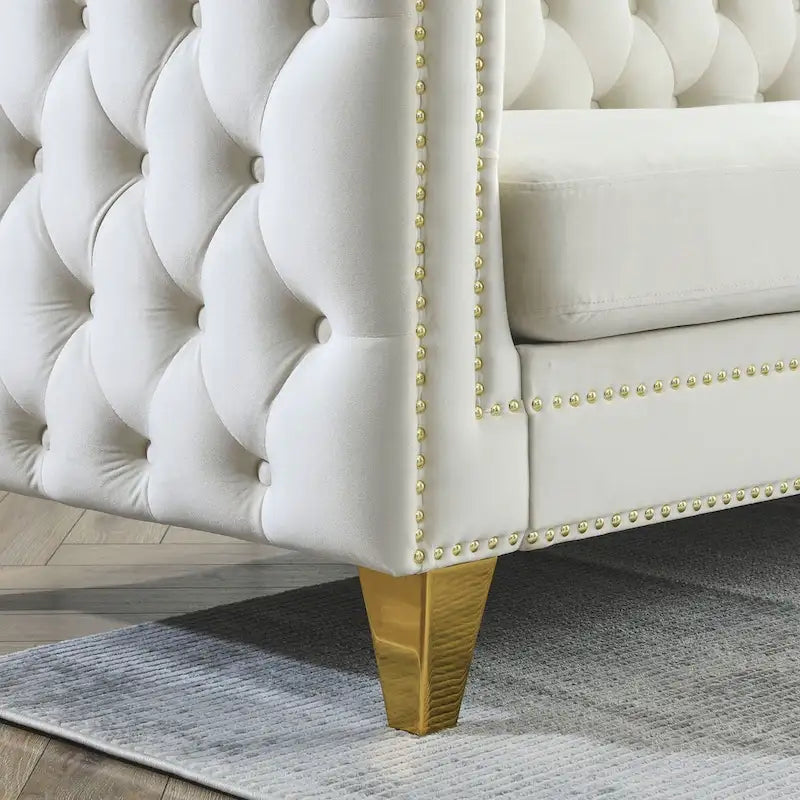 Velvet Upholstered 3 Seat Sofa, Classic Chesterfield Couch Buttons Tufted Square Arm Sofa with Nailheads and Metal Legs