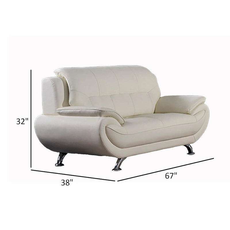 67-Inch Tufted Ivory Leather Loveseat with Chrome Metal Legs