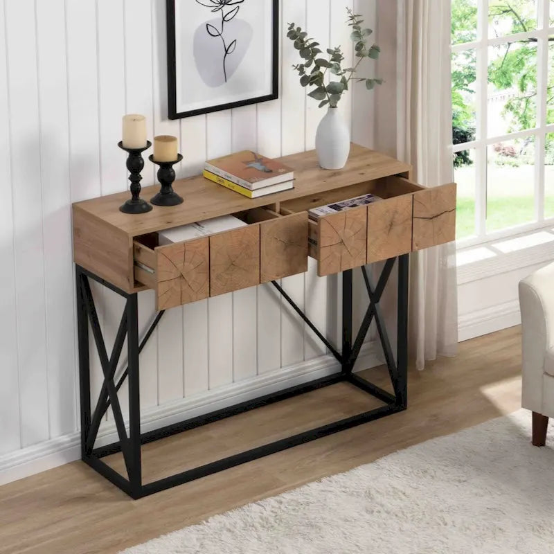 43.31 Luxury Wood Sofa Table, Industrial Console Table for Entryway, Hallway Tables with Two Drawers for Living Room