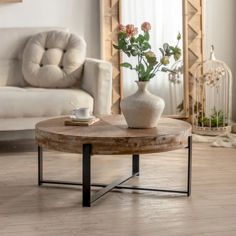 31-Inch Modern Retro Round Coffee Table with Gold Cross Legs