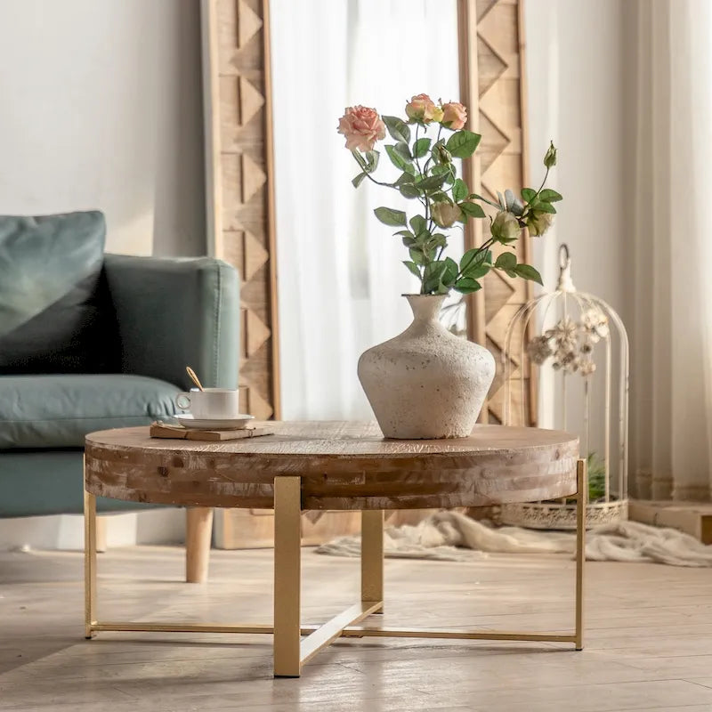 31-Inch Modern Retro Round Coffee Table with Gold Cross Legs