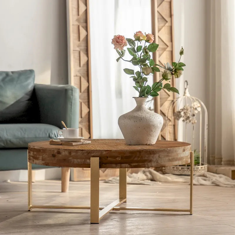 31-Inch Modern Retro Round Coffee Table with Gold Cross Legs