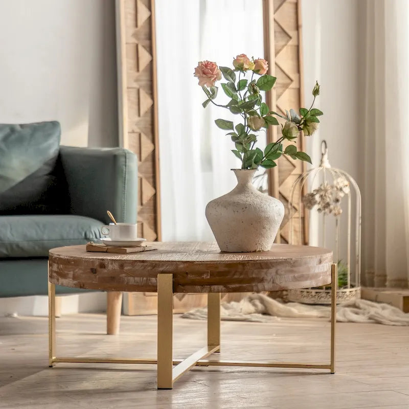 31-Inch Modern Retro Round Coffee Table with Gold Cross Legs