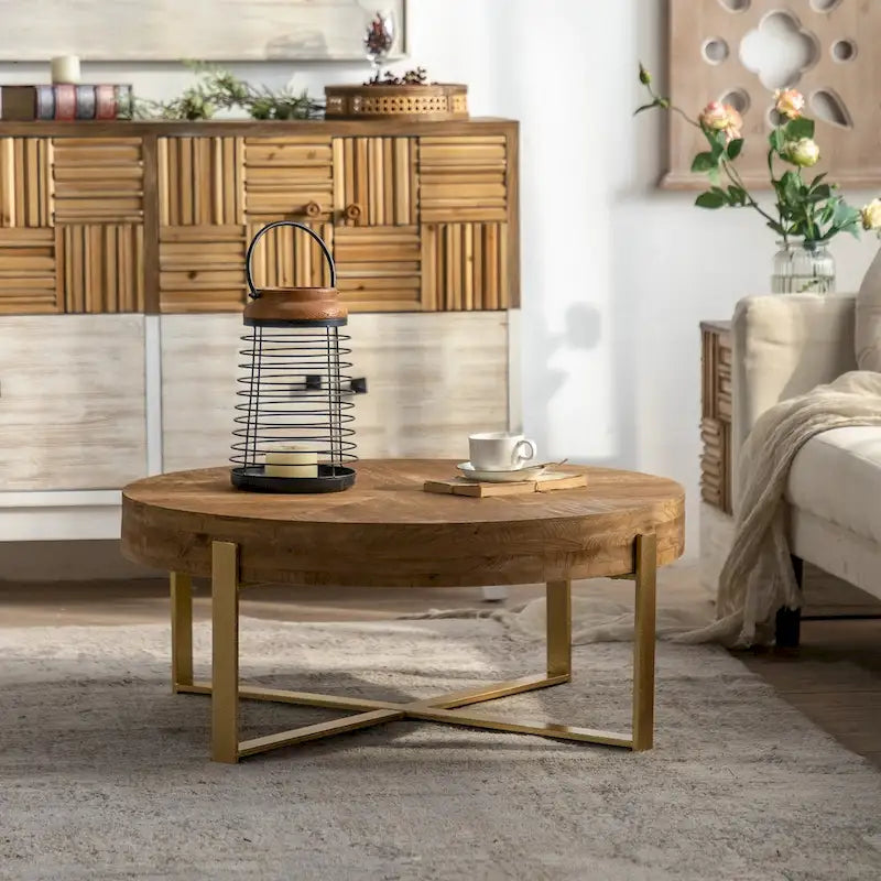 31-Inch Modern Retro Round Coffee Table with Gold Cross Legs