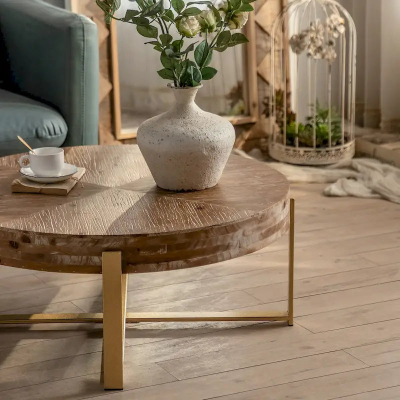 31-Inch Modern Retro Round Coffee Table with Gold Cross Legs