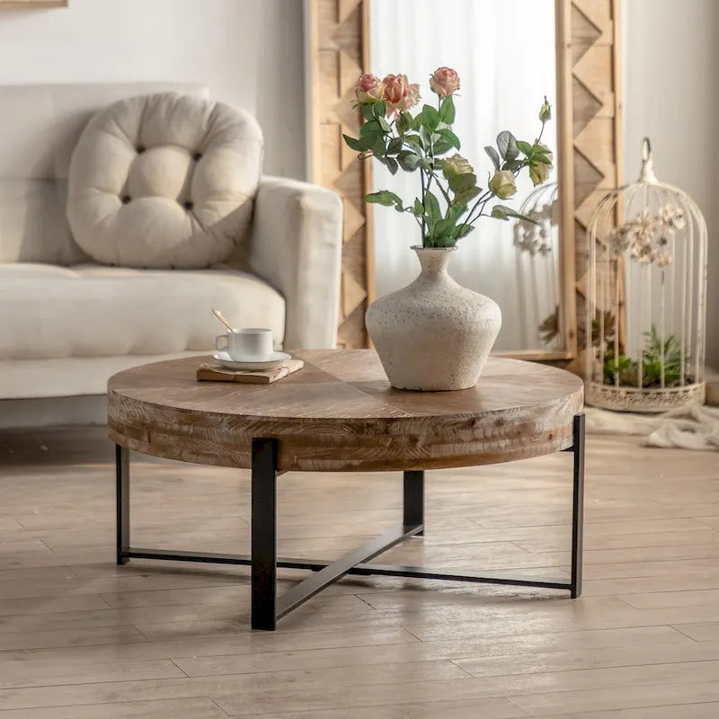 31-Inch Modern Retro Round Coffee Table with Gold Cross Legs