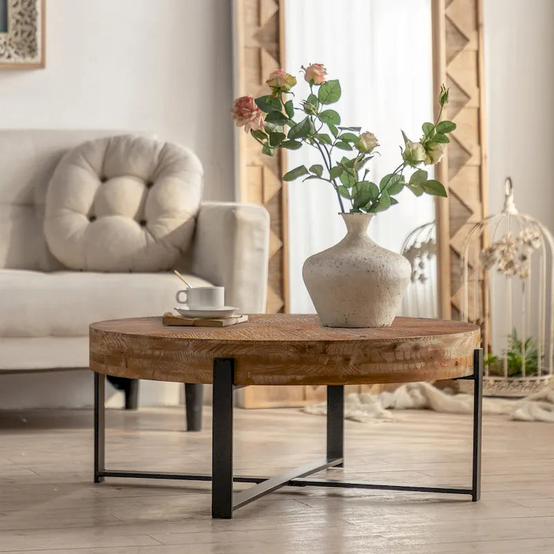 31-Inch Modern Retro Round Coffee Table with Gold Cross Legs