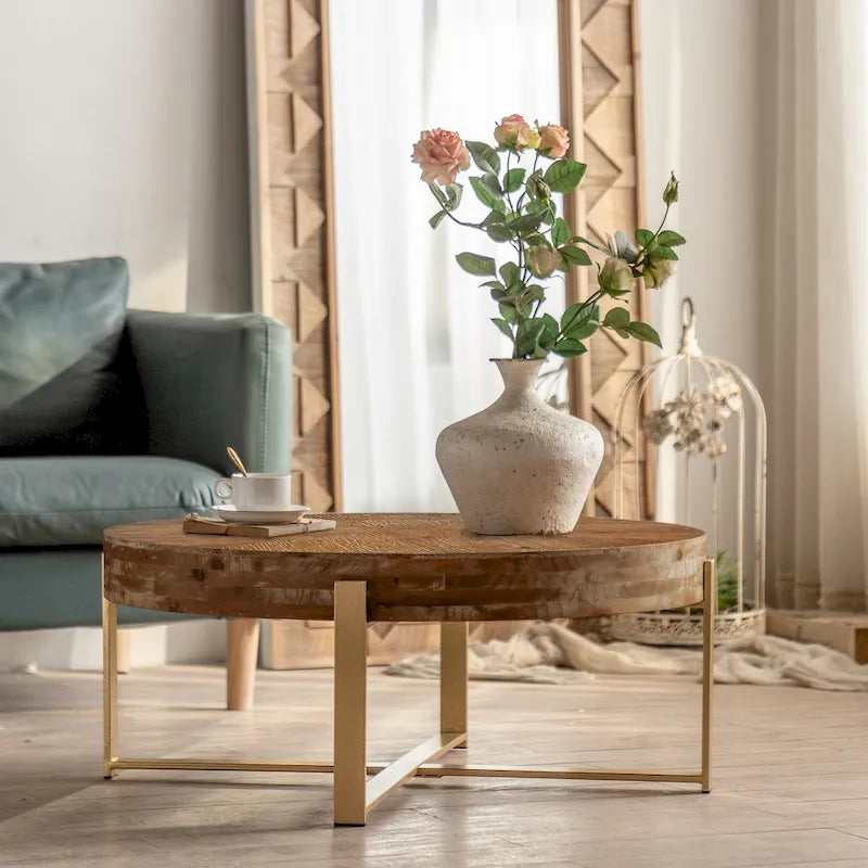 31-Inch Modern Retro Round Coffee Table with Gold Cross Legs