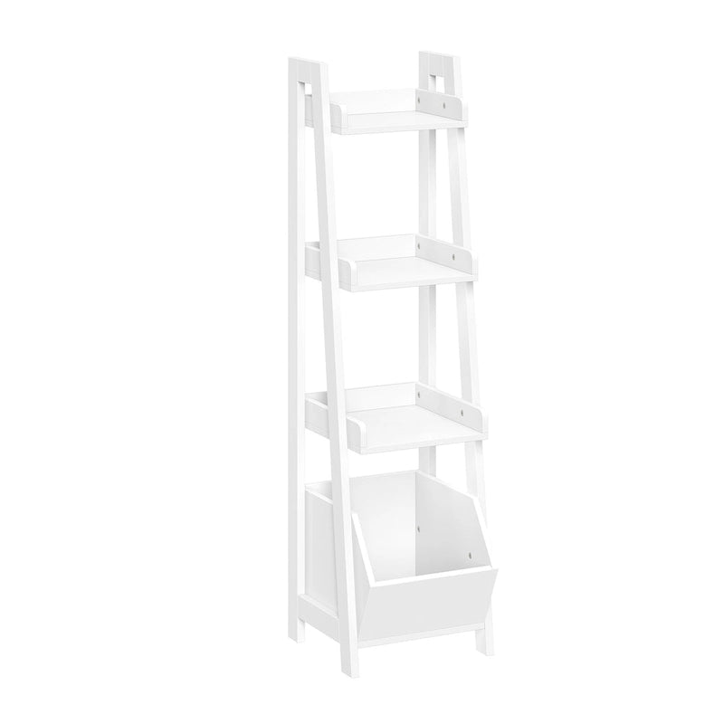 4-Tier 13-Inch Ladder Shelf with Display Shelf and Storage Organizer Bin - White
