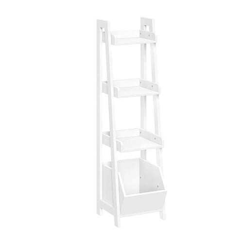 4-Tier 13-Inch Ladder Shelf with Display Shelf and Storage Organizer Bin - White