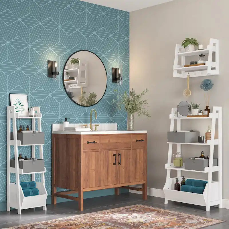 4-Tier 13-Inch Ladder Shelf with Display Shelf and Storage Organizer Bin - White