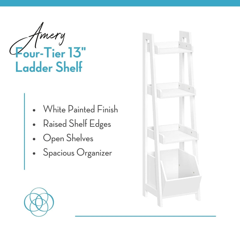 4-Tier 13-Inch Ladder Shelf with Display Shelf and Storage Organizer Bin - White
