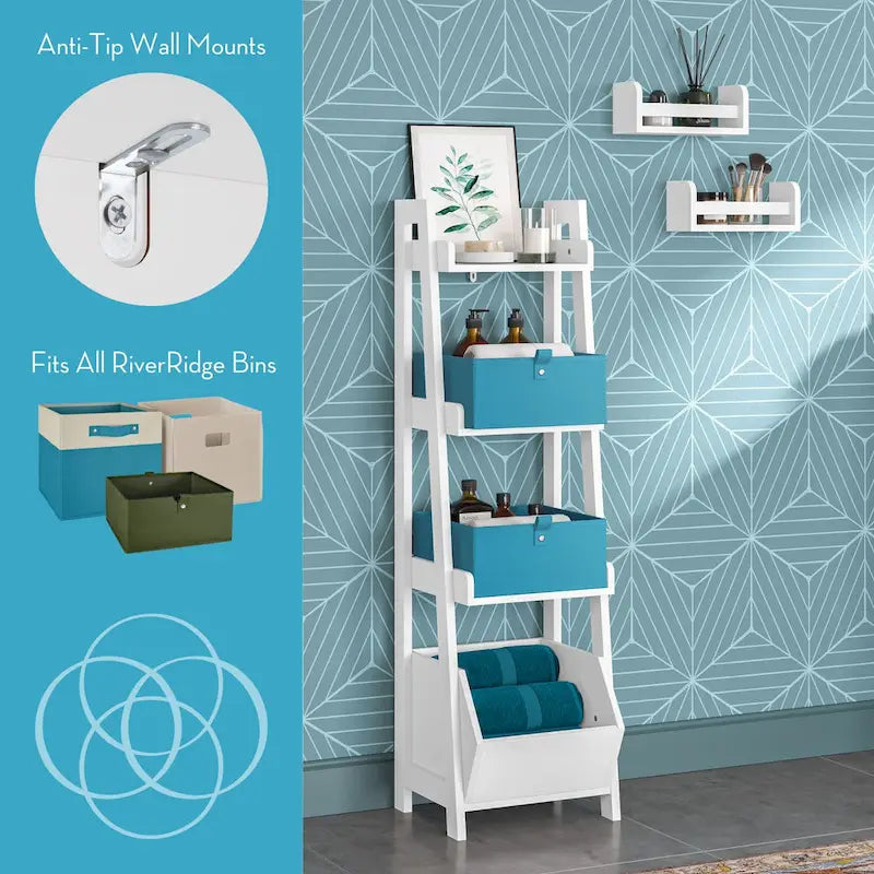 4-Tier 13-Inch Ladder Shelf with Display Shelf and Storage Organizer Bin - White