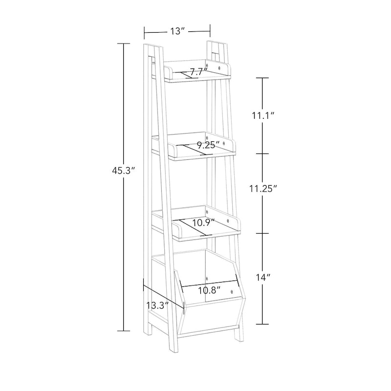 4-Tier 13-Inch Ladder Shelf with Display Shelf and Storage Organizer Bin - White