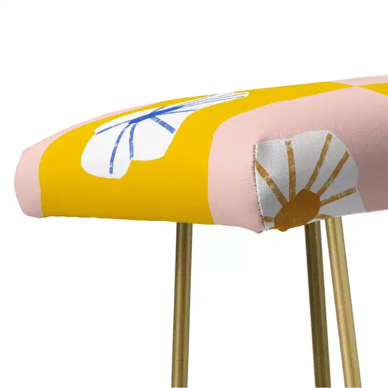 Banc Fleurs à Carreaux Blanches Jaune - Rembourré en Faux Cuir avec Pieds en Acier