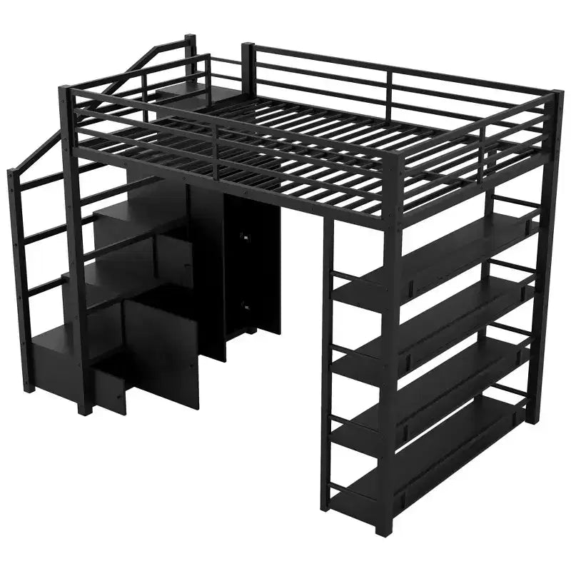 Lit mezzanine Queen Size en métal avec étagères de rangement, armoires et penderie