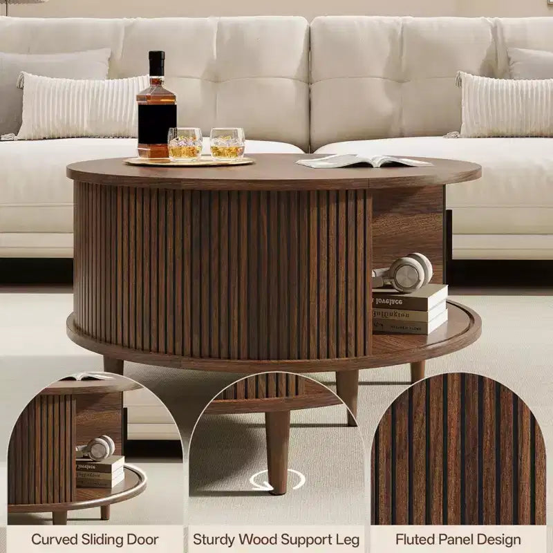 Table Basse Ronde avec Rangement NAYSAYE, Table Centrale Cannelée de 80 cm pour Salon, Table d'Appoint Circulaire Moderne en Noyer pour Petit Espace
