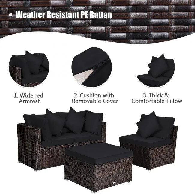 Ensemble de meubles de patio en rotin 4 pièces avec coussins et oreillers amovibles – Canapé d'angle : 73,7 x 73,7 x 63,5 cm