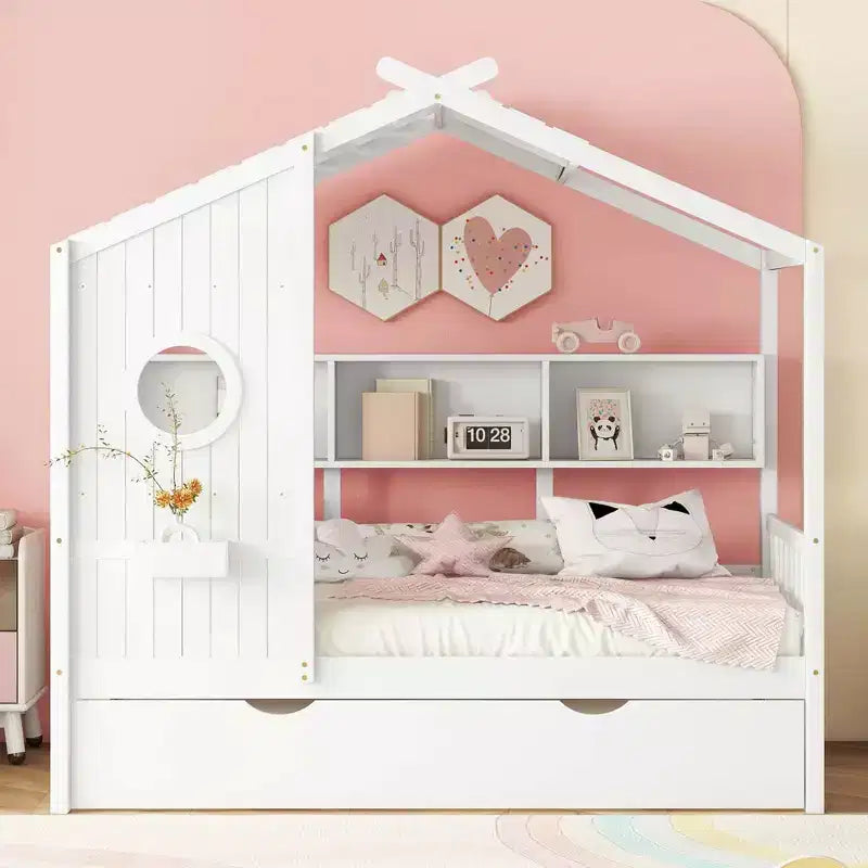Lit cabane double avec lit gigogne et étagère de rangement pour enfants, blanc