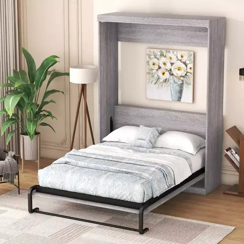 Lit escamotable mural pleine grandeur/taille double, lit en armoire en bois, gris