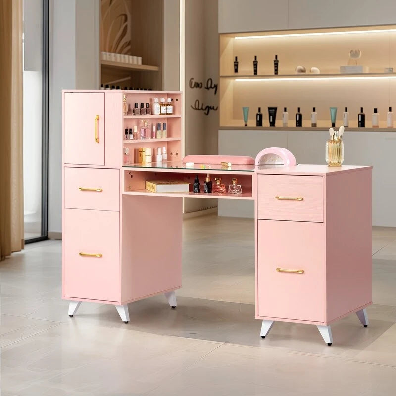 Bureau informatique de 140 cm avec étagères, tiroirs et armoire