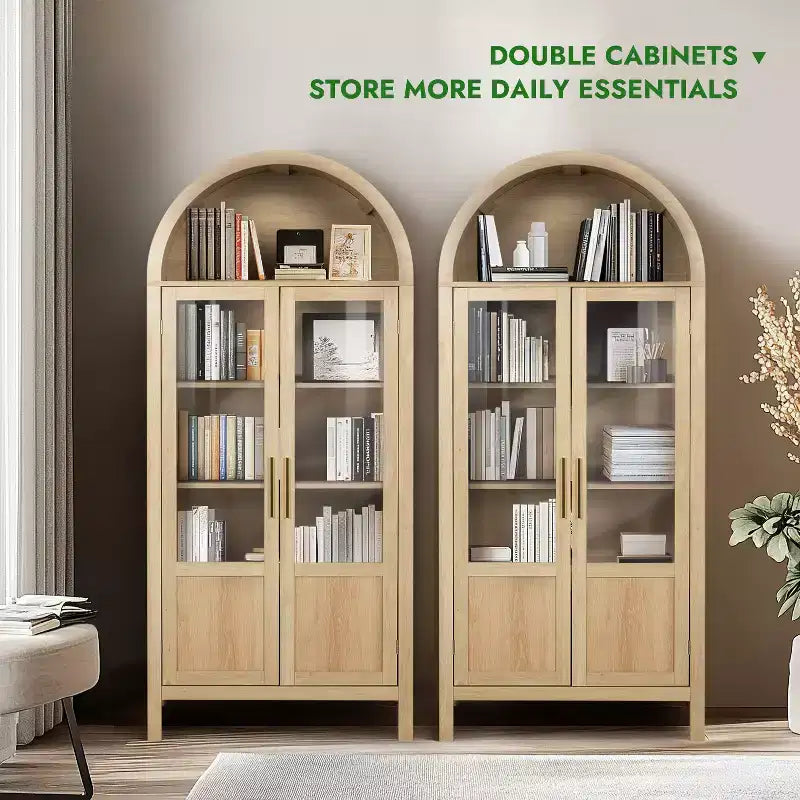 Meuble de rangement haut cintré de 71 po avec 2 portes en acrylique et étagères pour salon