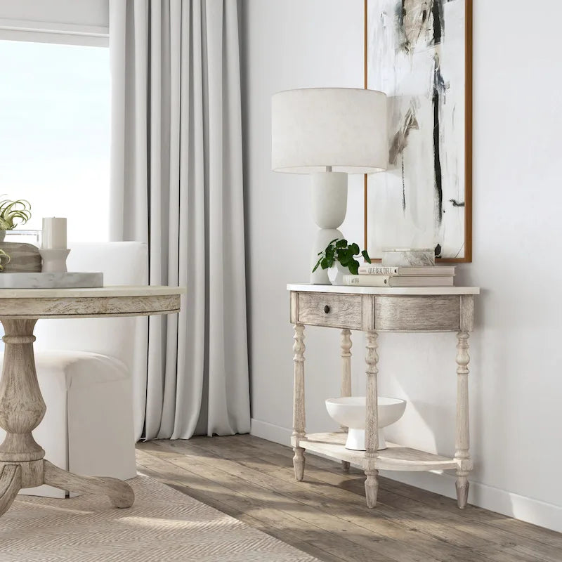 Table console avec plateau en marbre – Brun clair / Gris / Noir délavé, demi-lune, montage par une personne