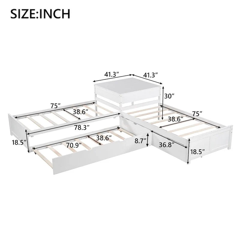 Lit plateforme moderne blanc en forme de L pour deux personnes avec lit gigogne et tiroirs pour chambre à coucher