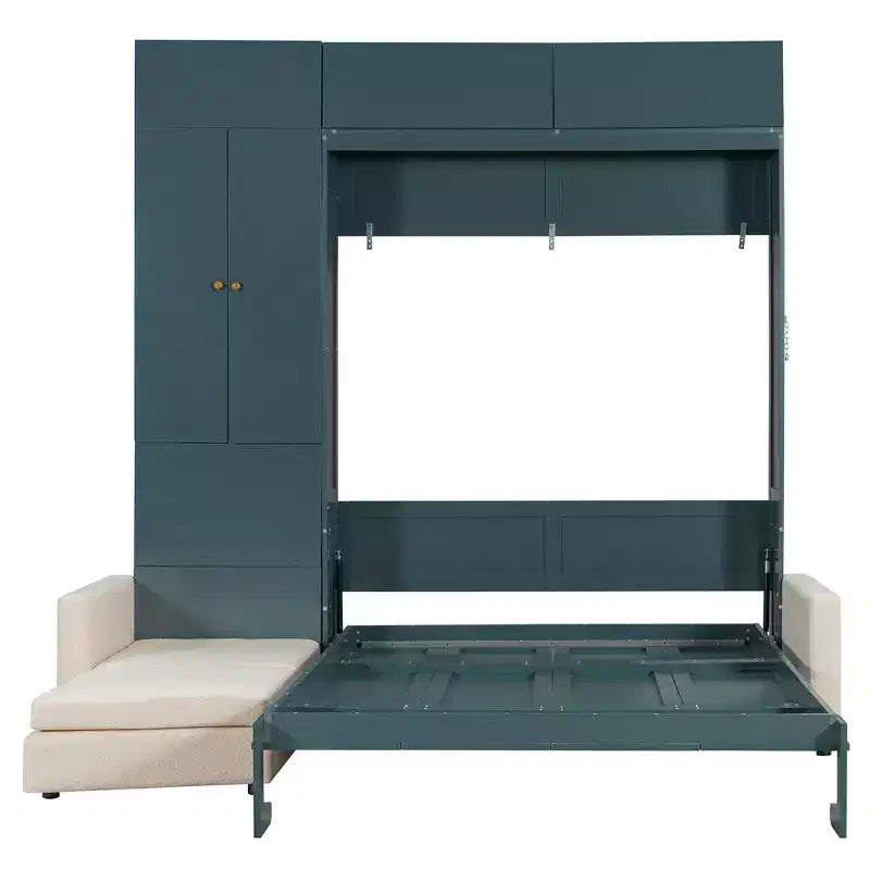 Lit escamotable Queen size avec canapé et armoire, Lit mural Queen en bois avec étagères, Lit escamotable pour chambre d'amis ou bureau